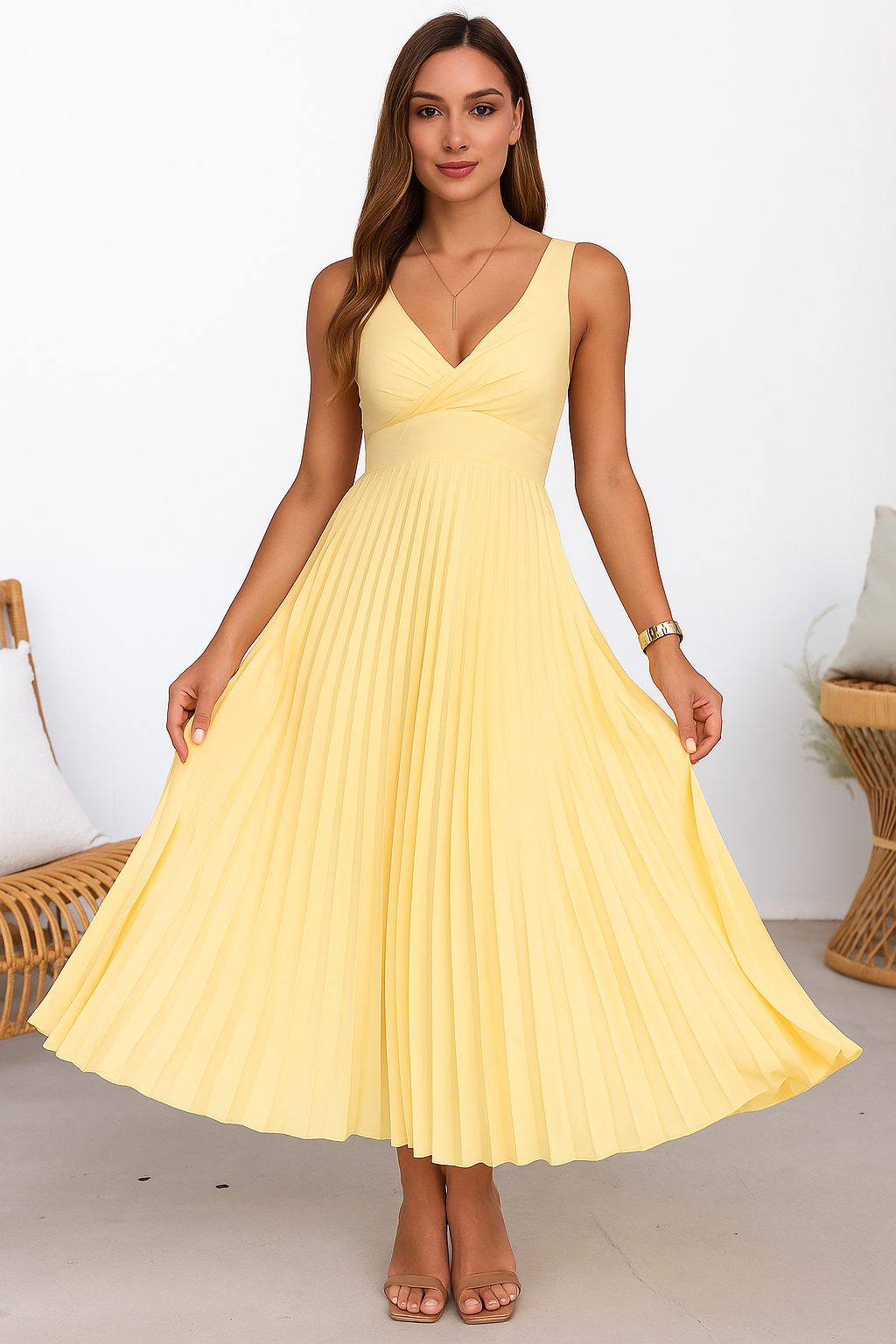Robe plissée jaune à col en V DESCRIPTION