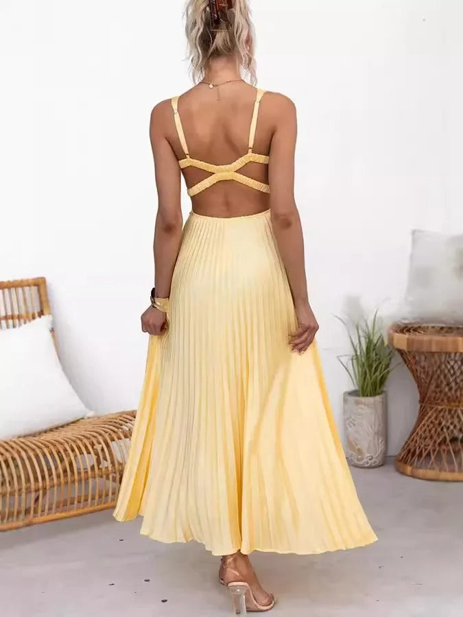 Robe plissée jaune à col en V DESCRIPTION